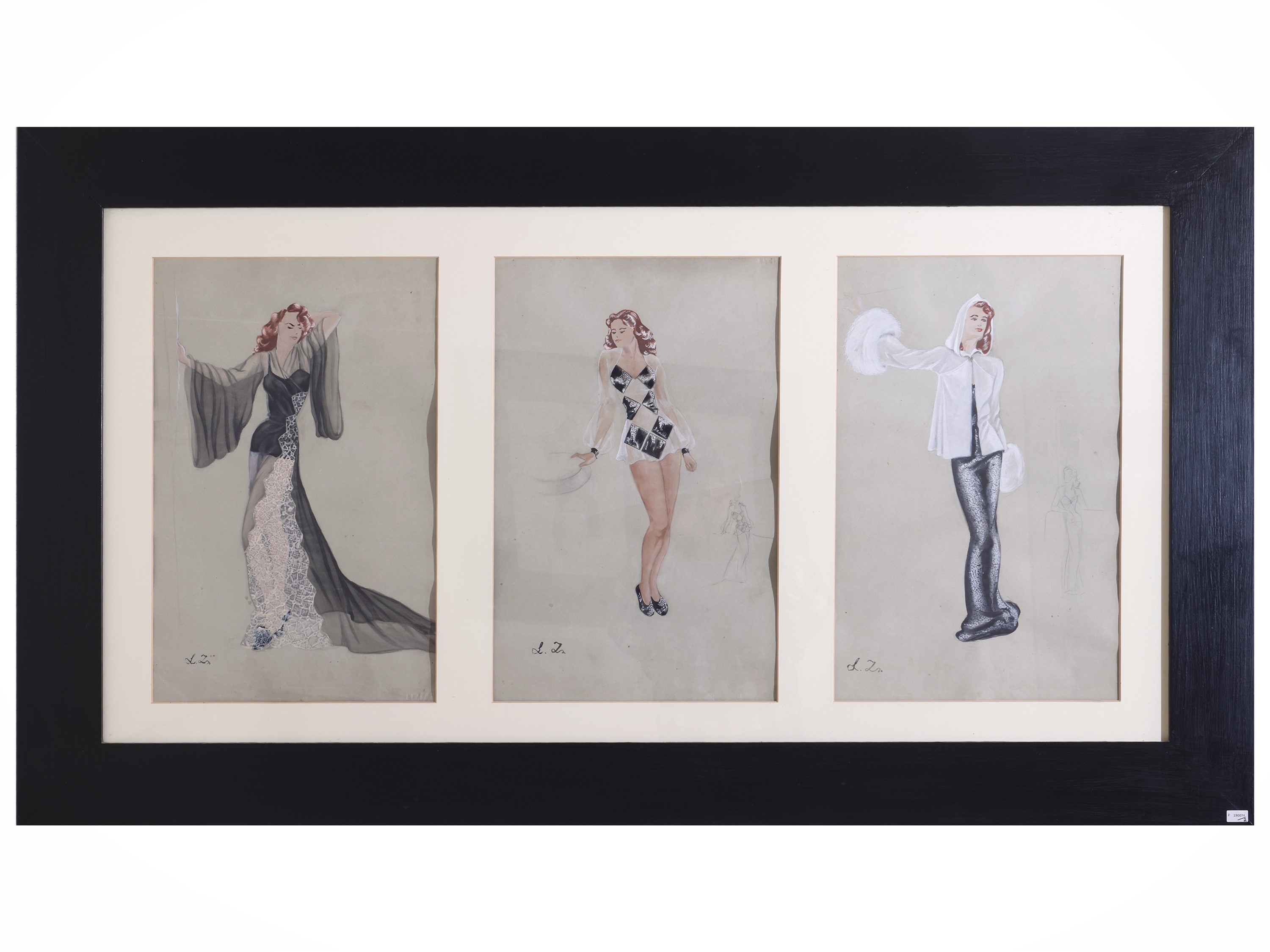 Figurini di moda, cinque disegni a tecnica mista su carta (seconda metà del XX secolo)