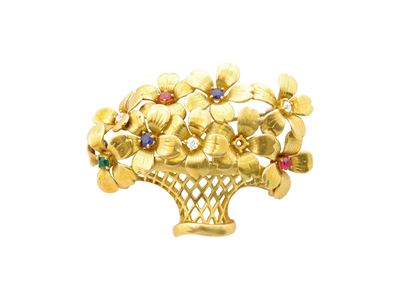 Spilla in oro giallo 18 Kt a forma di cestino di fiori con pietre policrome, anni '60