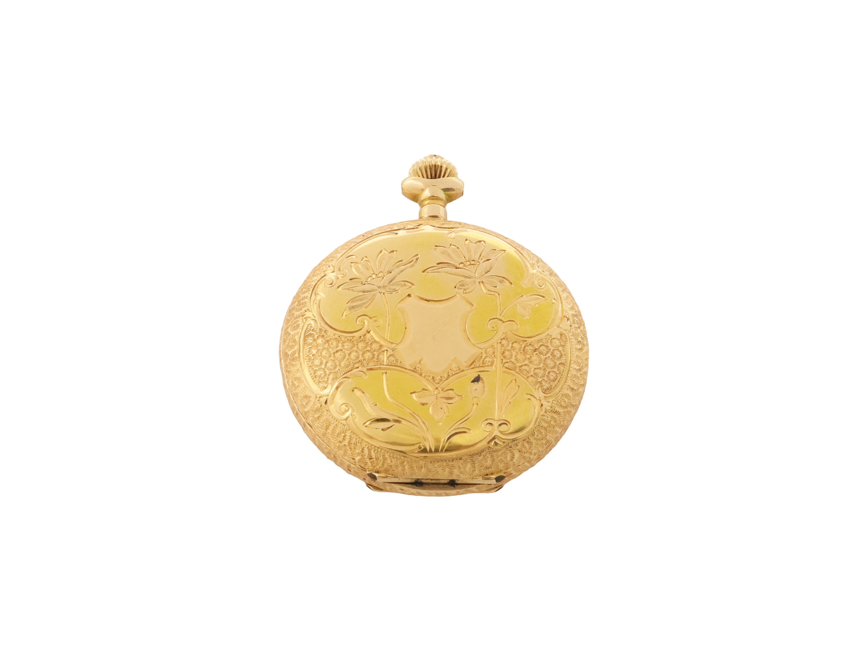 Orologio da tasca in oro giallo 14 Kt, Piccolo orologio con quadrante in smalto bianco