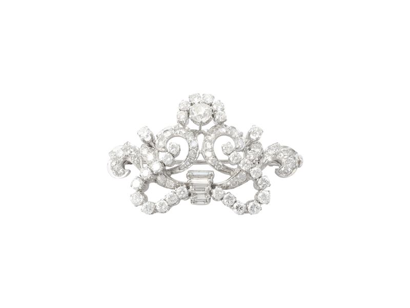 Spilla a forma di fiocco, oro bianco 18 kt e diamanti