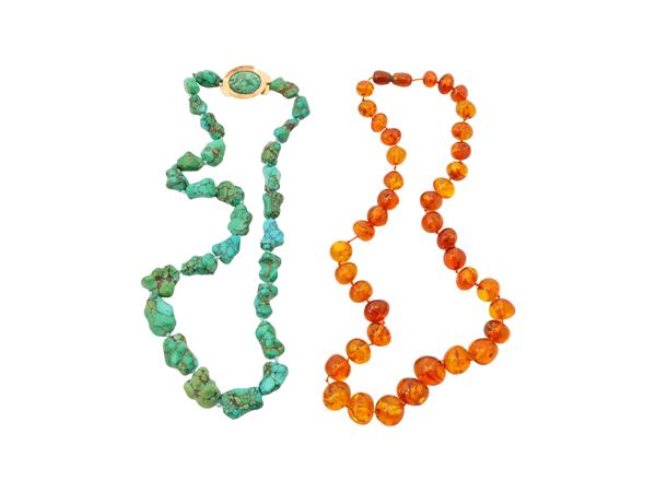 Two necklaces, one in amber, the other in turquoise