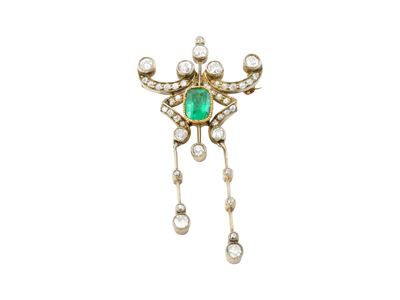 Spilla-pendente in oro 18 kt bianco e giallo con smeraldo e diamanti, inizi secolo XX