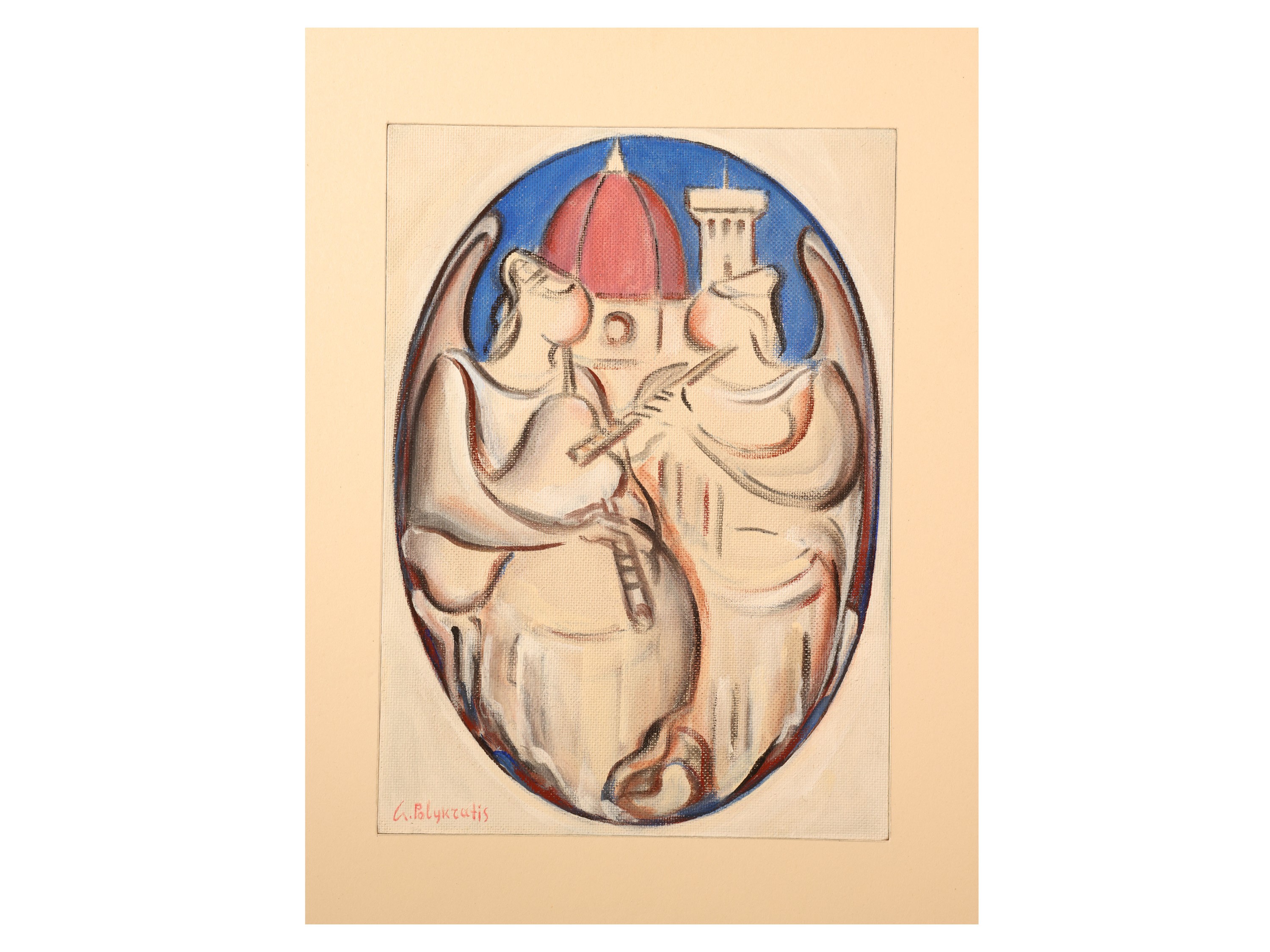 Giorgio Polykratis - Quattro dipinti e figure con Colombre, Madre e figlia e Musicista