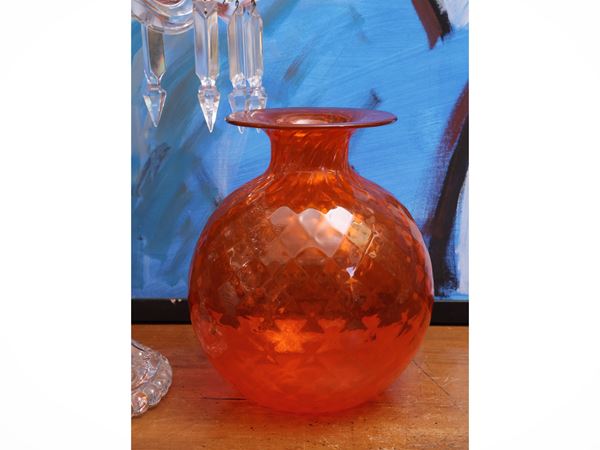 Vaso Venini in vetro soffiato arancio brillante 