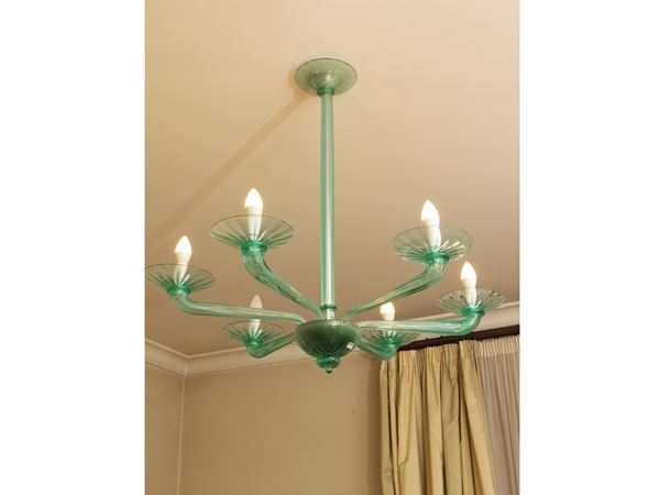 Lampadario in vetro soffiato verde smeraldo, Murano