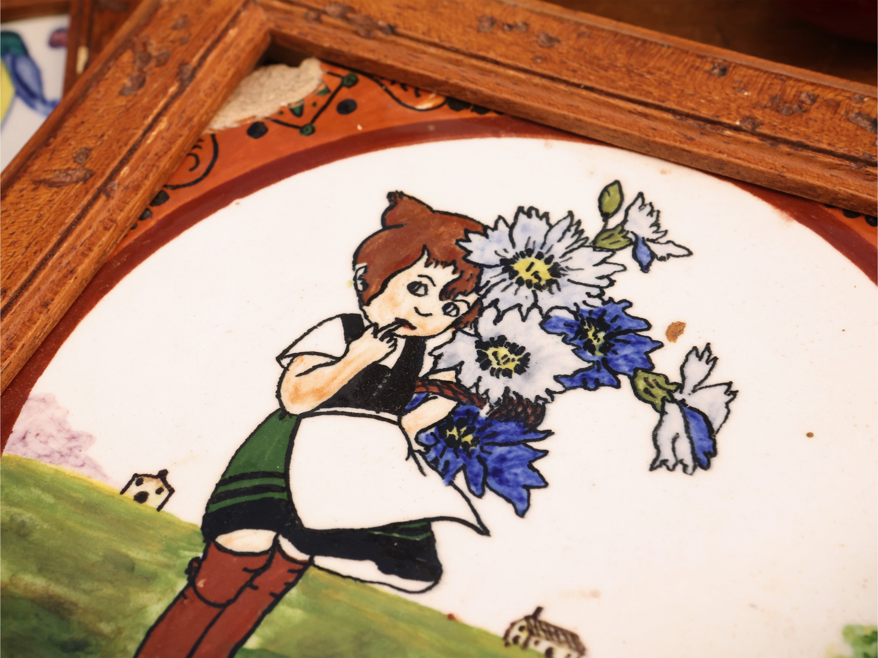 Coppia di piastrelle, ceramica smaltata decorata