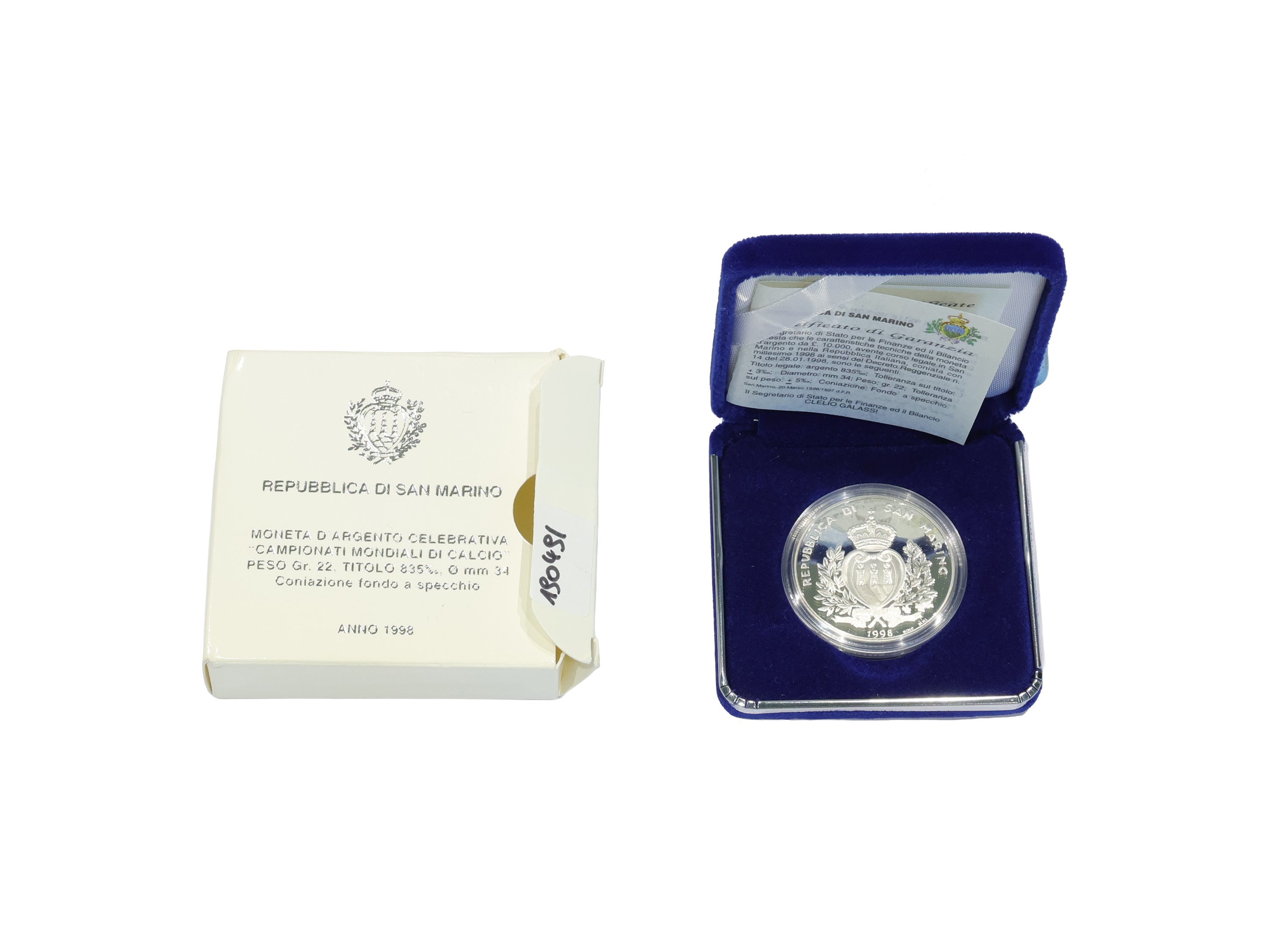 Repubblica di San Marino, Moneta celebrativa 1998 in argento 835/1000 (Fondo Specchio proof)