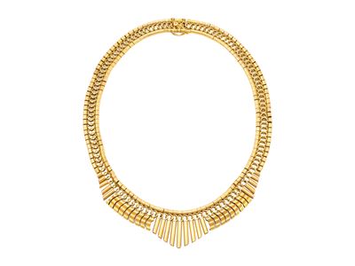 Collana in oro giallo 18 Kt, maglie tubolari e frange rigide, anni '60