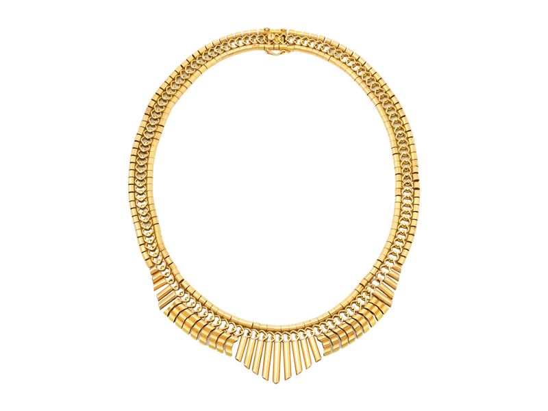 Collana in oro giallo 18 Kt, maglie tubolari e frange rigide, anni '60