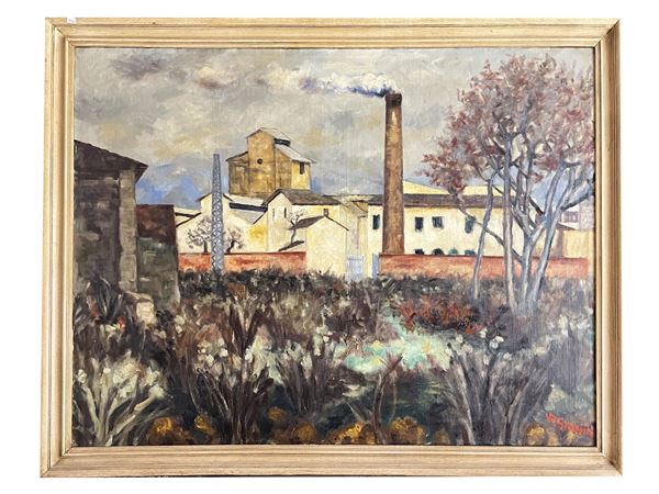 Renzo Grazzini : Paesaggio industriale  - Asta Luce di Toscana. Maestri del Novecento - Maison Bibelot - Casa d'Aste Firenze - Milano