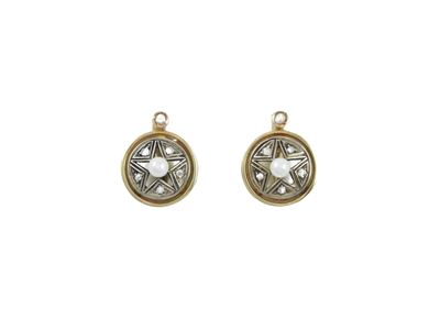 Orecchini, paio in oro giallo 9 Kt e argento con rose di diamante e perle