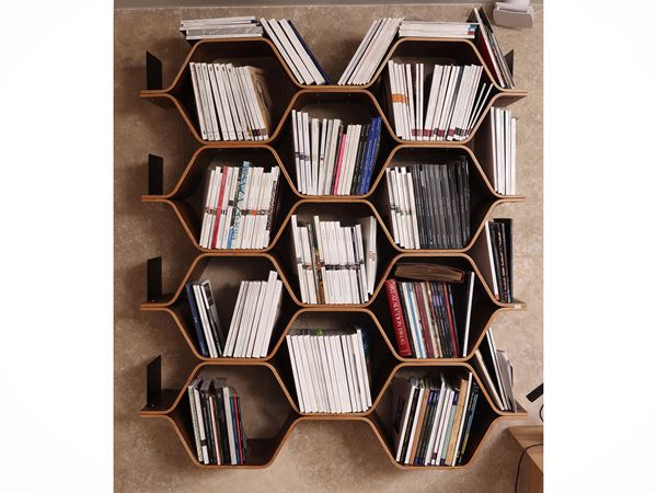 Wall-mounted beehive bookcase in plywood