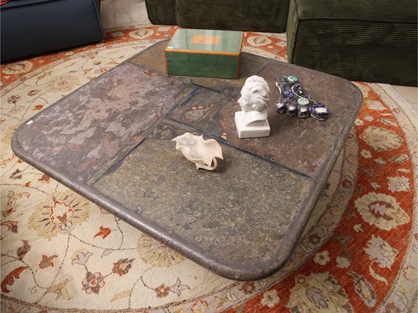Low living room table with slate and stone top, 1987