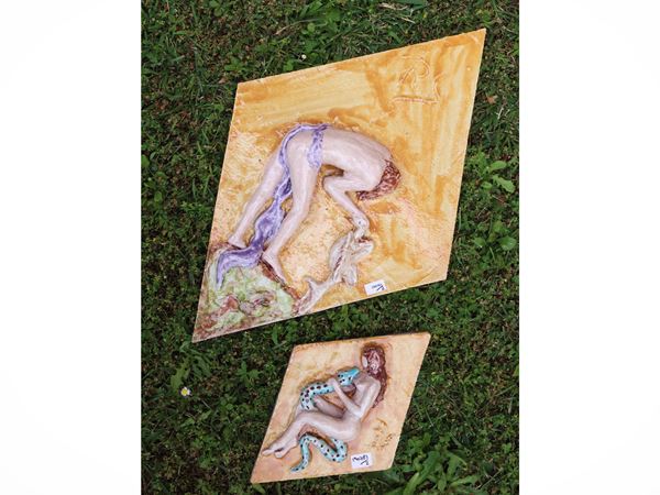 Three decorative plaques in glazed ceramic