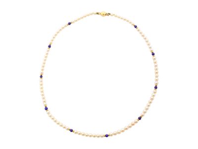 Collana ad un filo in perle bianche coltivate, lapislazzuli e oro giallo 18K, lunghezza cm 42
