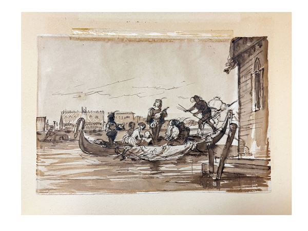 Scuola toscana del XVIII/XIX secolo - Gondola with a view of the Doge's Palace in the background