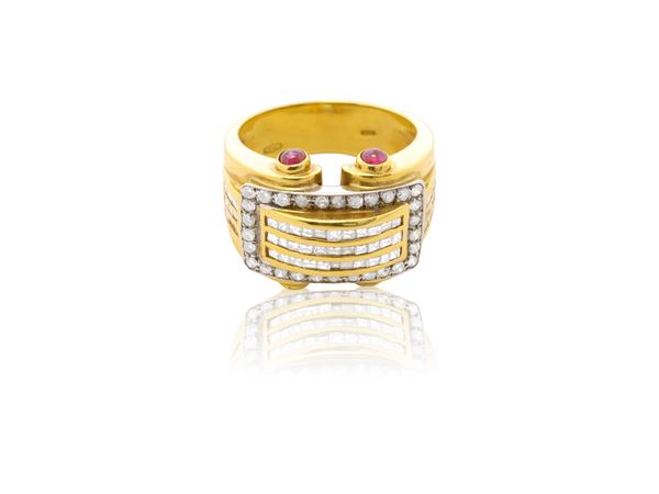 A diamonds and rubies ring in 18K yellow gold