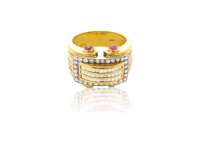 Anello in Oro Giallo 18kt, Diamanti e Rubini