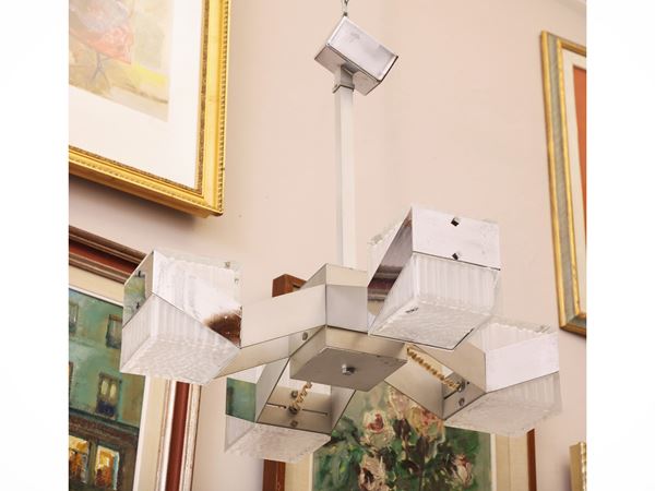 Lampadario cubista in metallo cromato e vetro