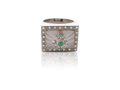 Anello in oro bianco 18 kt con cristallo di rocca, diamanti (huit huit) e gr 13,30, misura 14