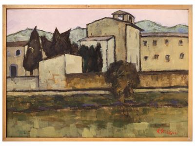 Scorcio di paese, olio su tavoletta firmato