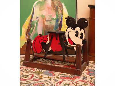 Sedia a dondolo per bambini con decorazione Mickey Mouse, legno dipinto, anni Trenta