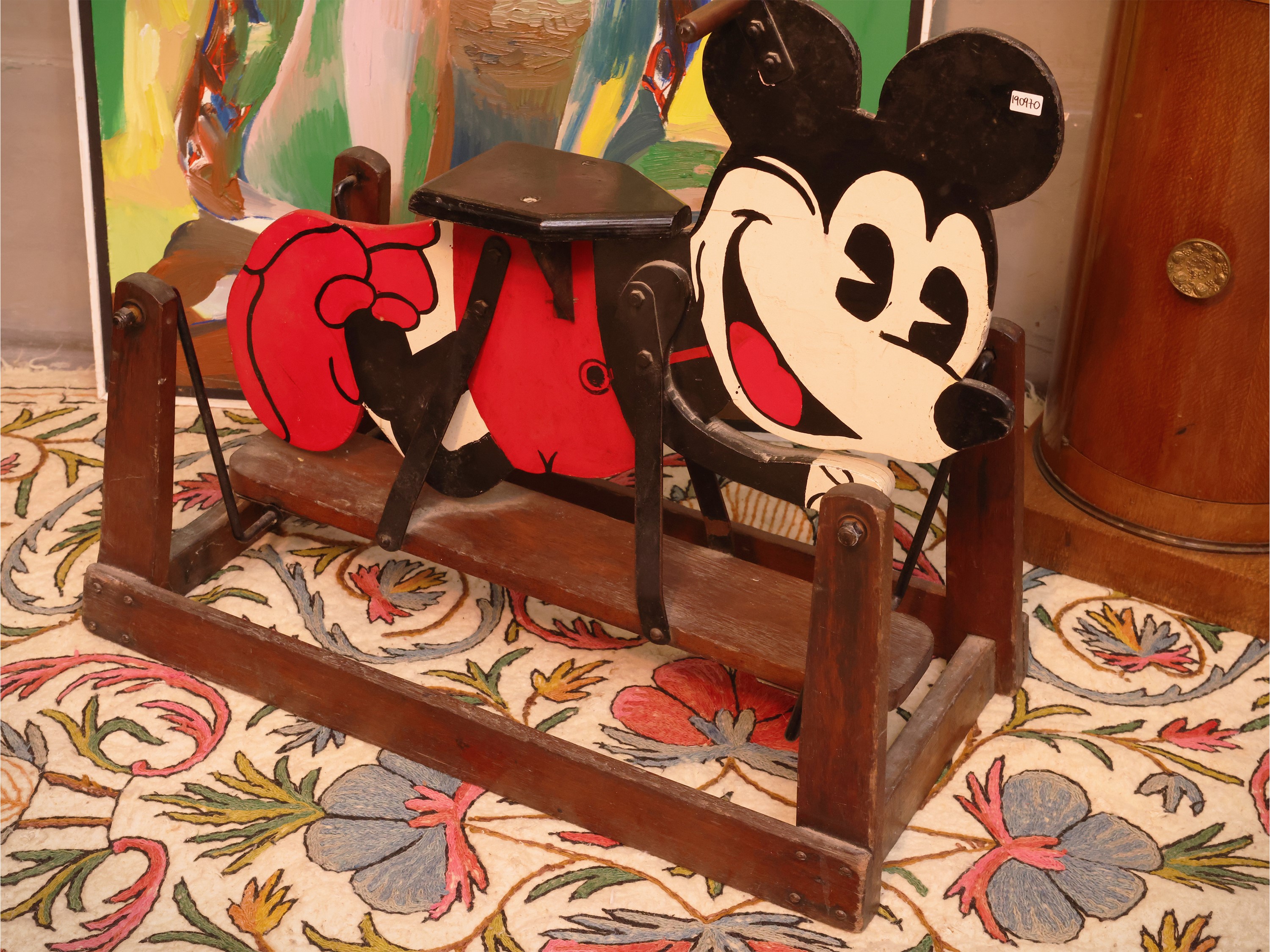 Sedia a dondolo per bambini con decorazione Mickey Mouse, legno dipinto, anni Trenta