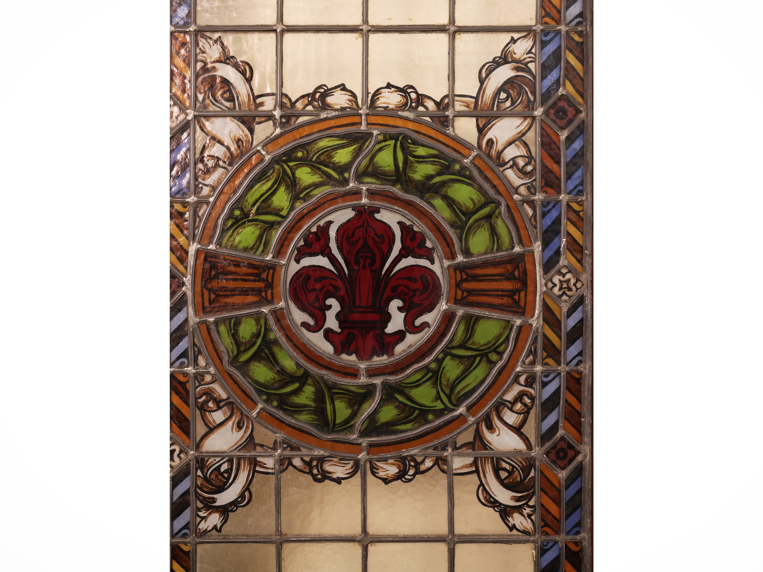Porta con vetrate in vetro cattedrale, elementi con piombatura e rosone con stemma mediceo e gigl...