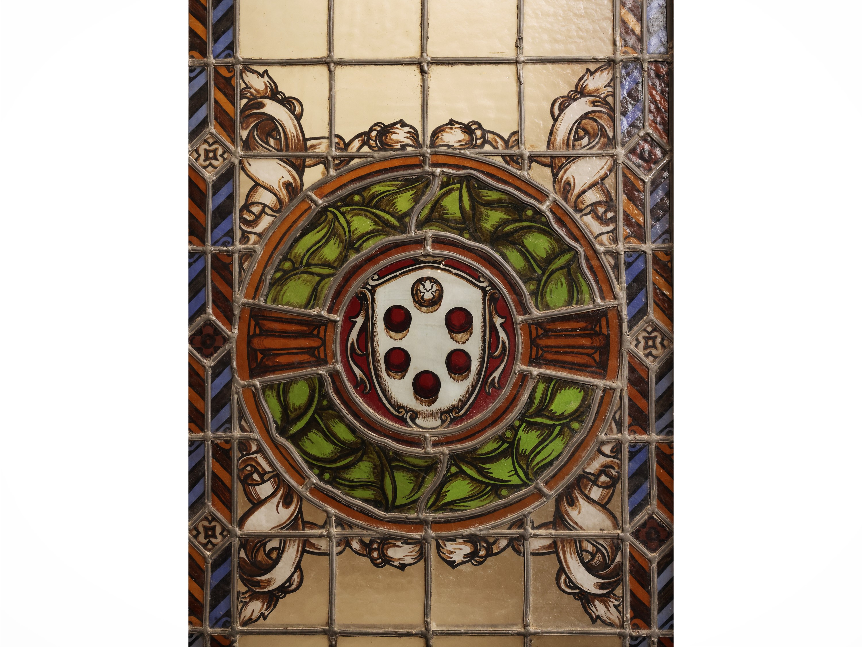 Porta con vetrate in vetro cattedrale, elementi con piombatura e rosone con stemma mediceo e gigl...