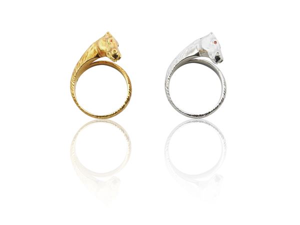 Due anelli animalier in oro 18Kt giallo e bianco  - Asta Gioielli e Orologi - Maison Bibelot - Casa d'Aste Firenze - Milano