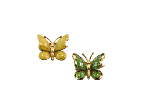 Due spille animalier in oro giallo 18Kt con smalti policromi  (Anni '60)  - Asta Gioielli e Orologi - Maison Bibelot - Casa d'Aste Firenze - Milano