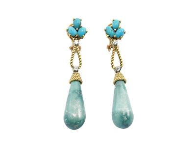 Paio di orecchini pendenti in oro giallo 18 kt con diamanti (taglio huit huit) e turchesi (a gocc...
