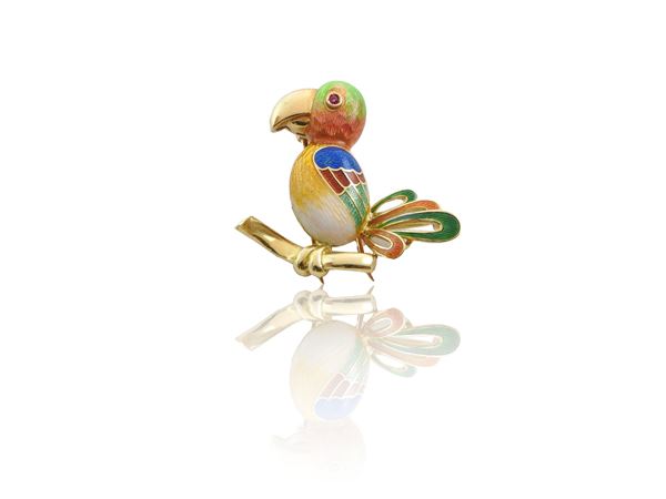 A 18Kt yellow gold with ruby and polychrome enamel animalier brooch  (60s)  - Auction Jewels and Watches - Maison Bibelot - Casa d'Aste Firenze - Milano