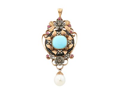 Pendente in oro 9Kt, argento con piccole rose in diamante, perla e pasta di turchese