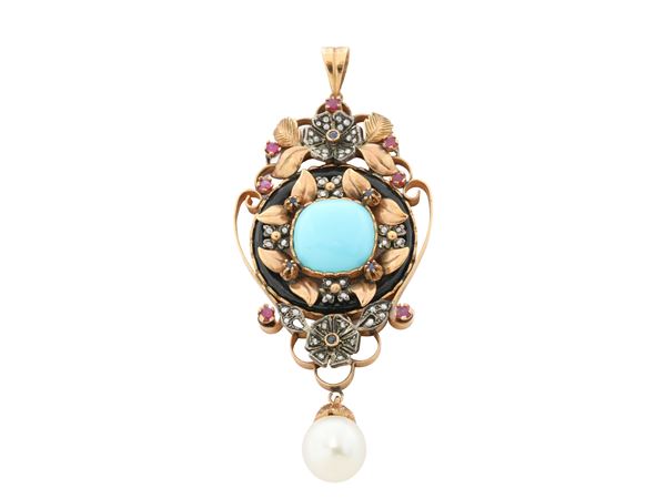 Pendente in oro 9Kt, argento, piccole rose di diamante, perla e pasta di turchese