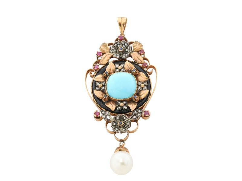 Pendente in oro 9Kt, argento con piccole rose in diamante, perla e pasta di turchese