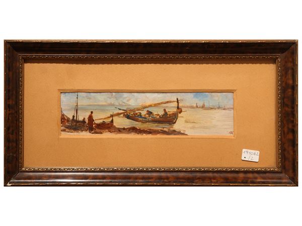 Landscape with characters - View of a canal with boats