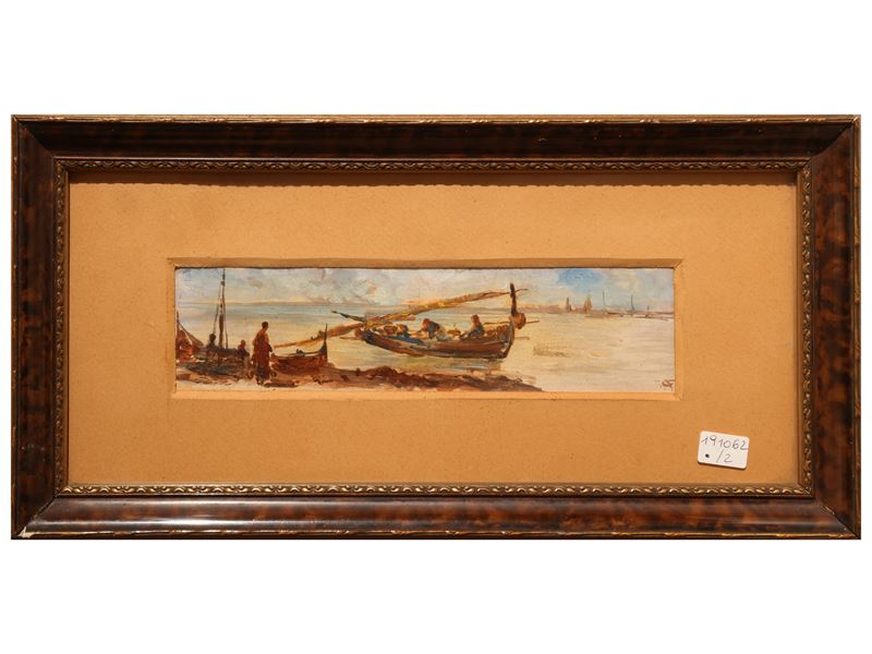 Fortunato Giulio Faini - Paesaggio con personaggi – Veduta di canale con barche