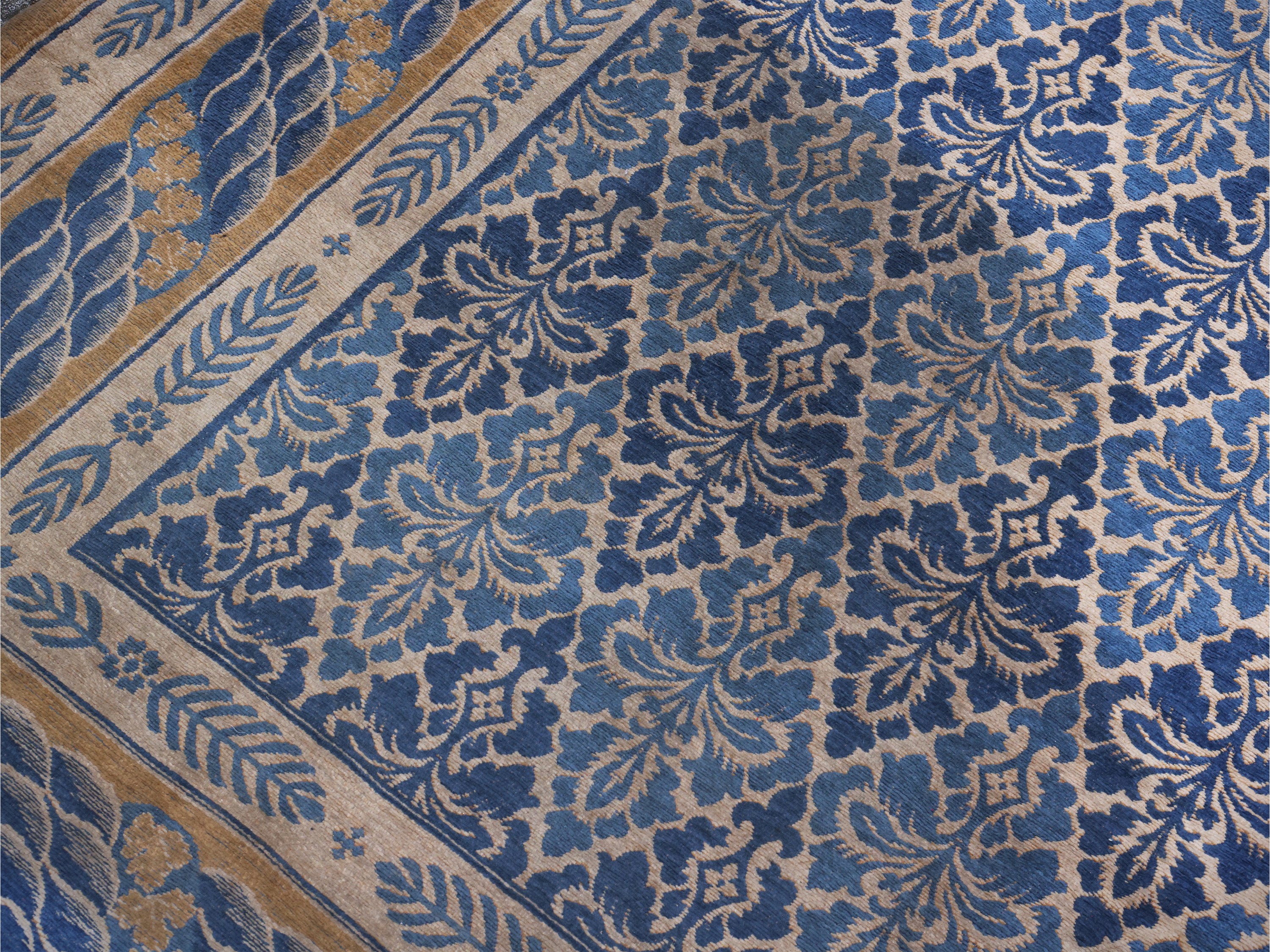 Tappeto in cotone, motivo a rombi e gigli su fondo blu e azzurro