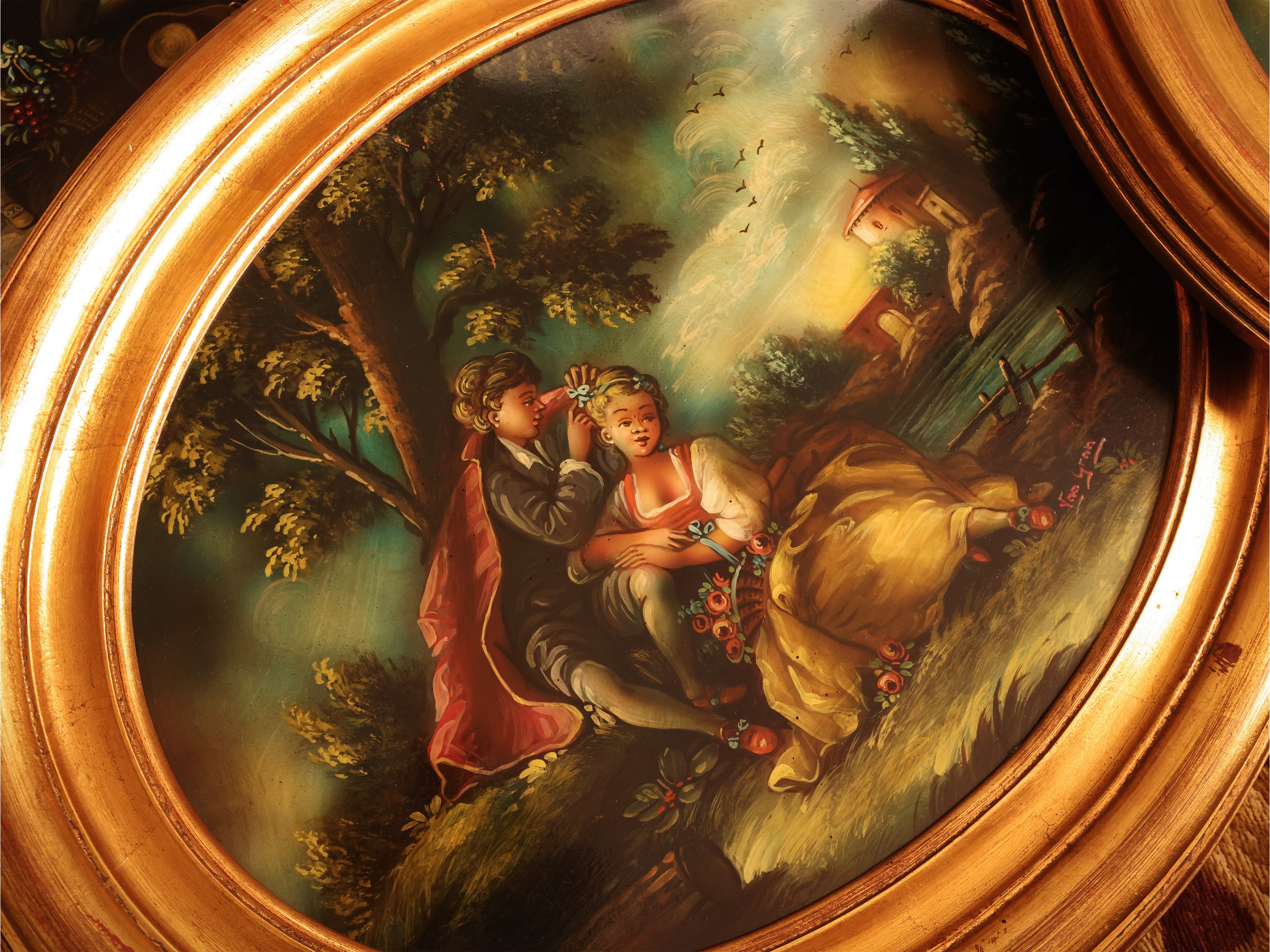 Serie di quattro dipinti decorativi, Scene galanti, olio su supporto in ovale
