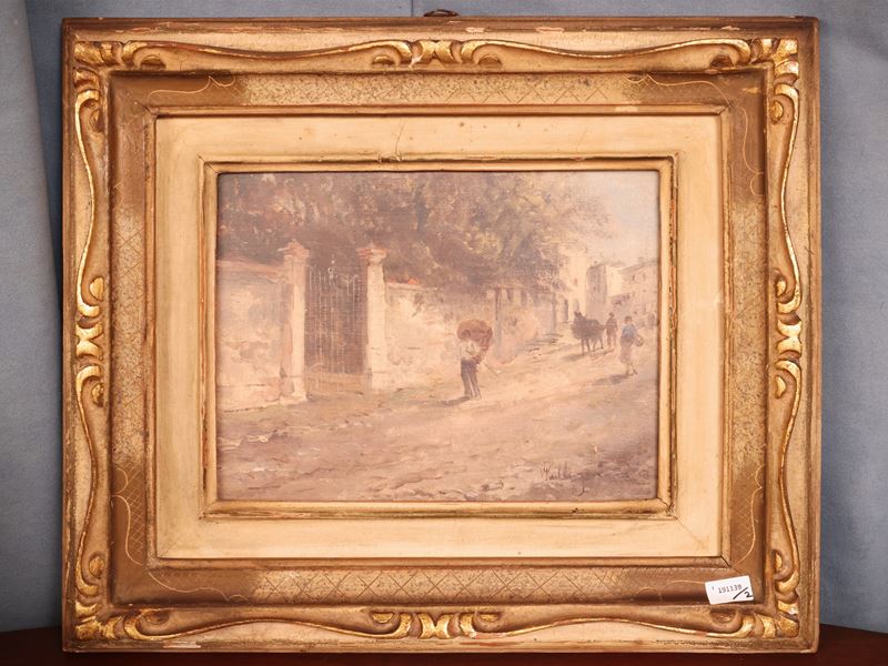 Pellegrini, Scorcio di strada e paesaggio campestre, olio su cartone