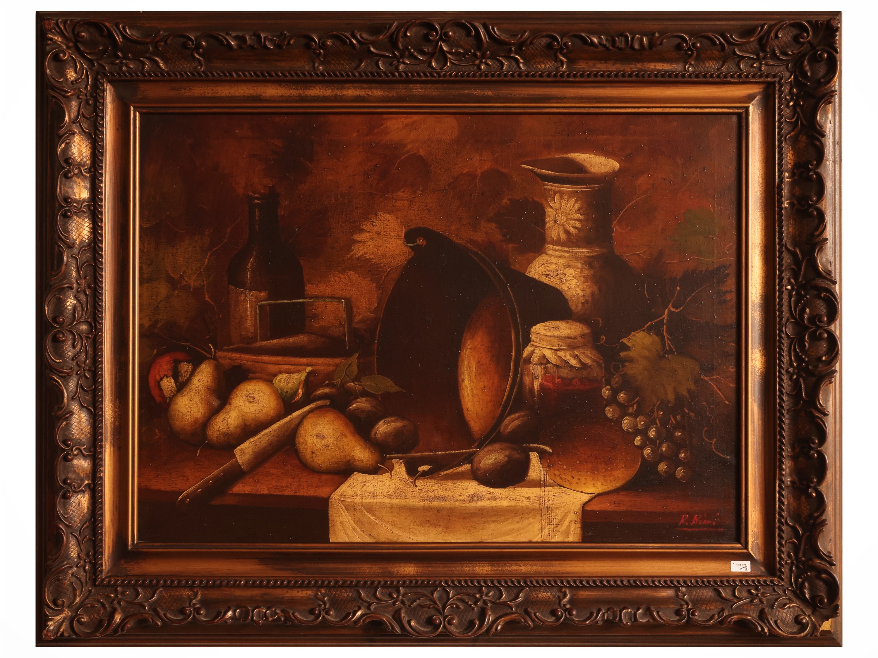 Coppia di nature morte, dipinti a olio su tela (XX secolo), firmati, in cornice