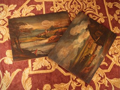 Paesaggi fluviali con personaggi, dipinti ad olio su tavoletta (coppia), XX secolo