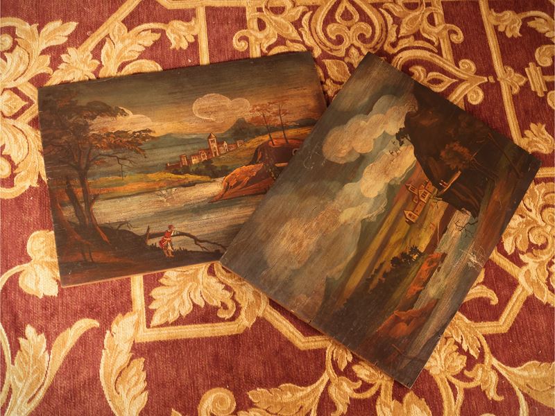 Paesaggi fluviali con personaggi, dipinti ad olio su tavoletta (coppia), XX secolo