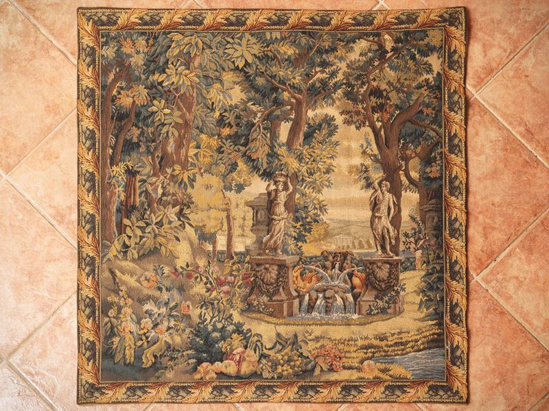 Arazzetto decorativo in stile fiammingo, Flanders Tapestries Belgium, giardino con fontana