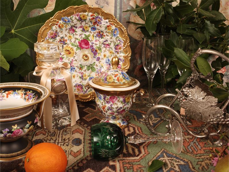 Set da aperitivo con flûte e portabottiglie in peltro
