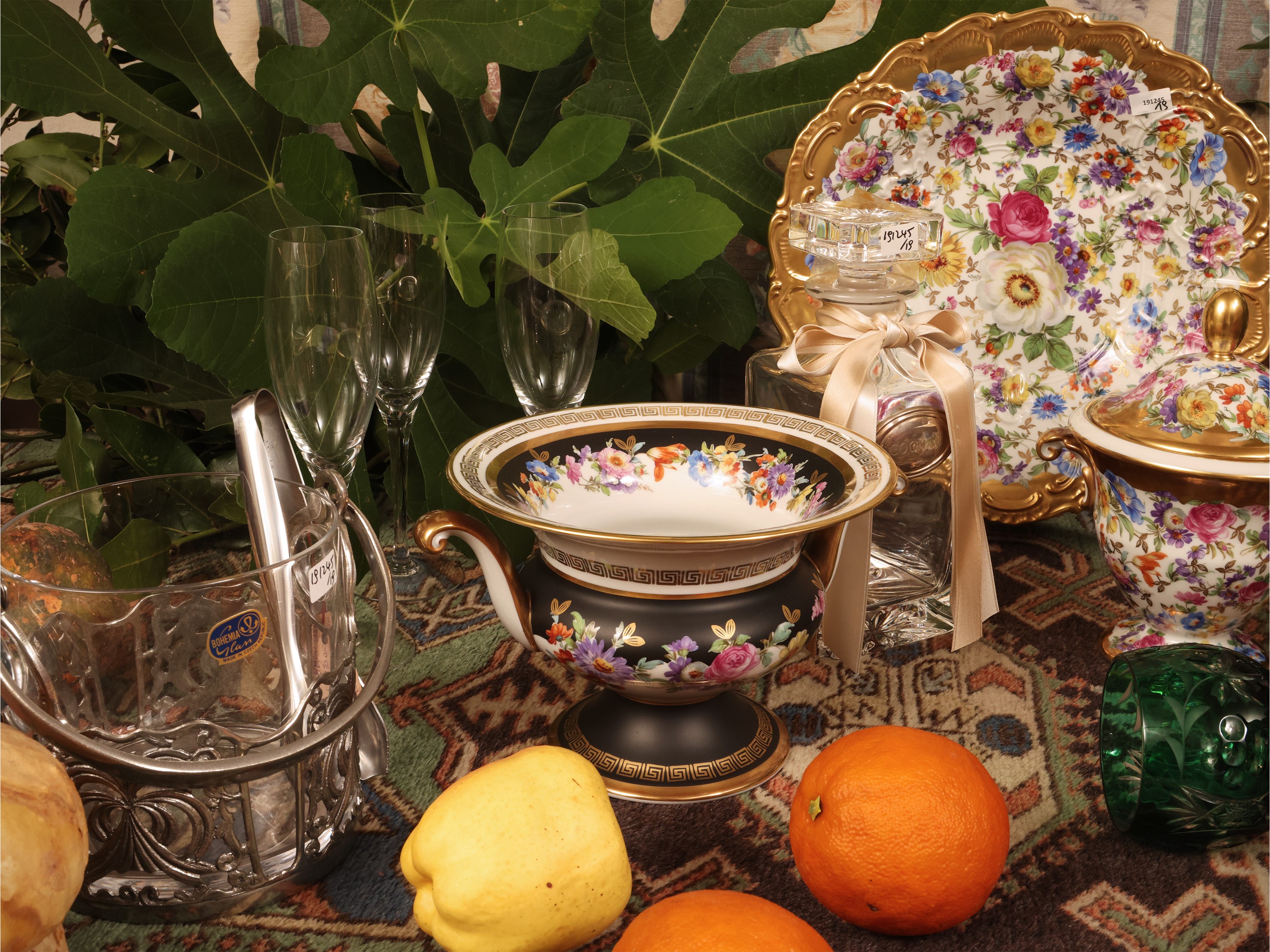 Set da aperitivo con flûte e portabottiglie in peltro
