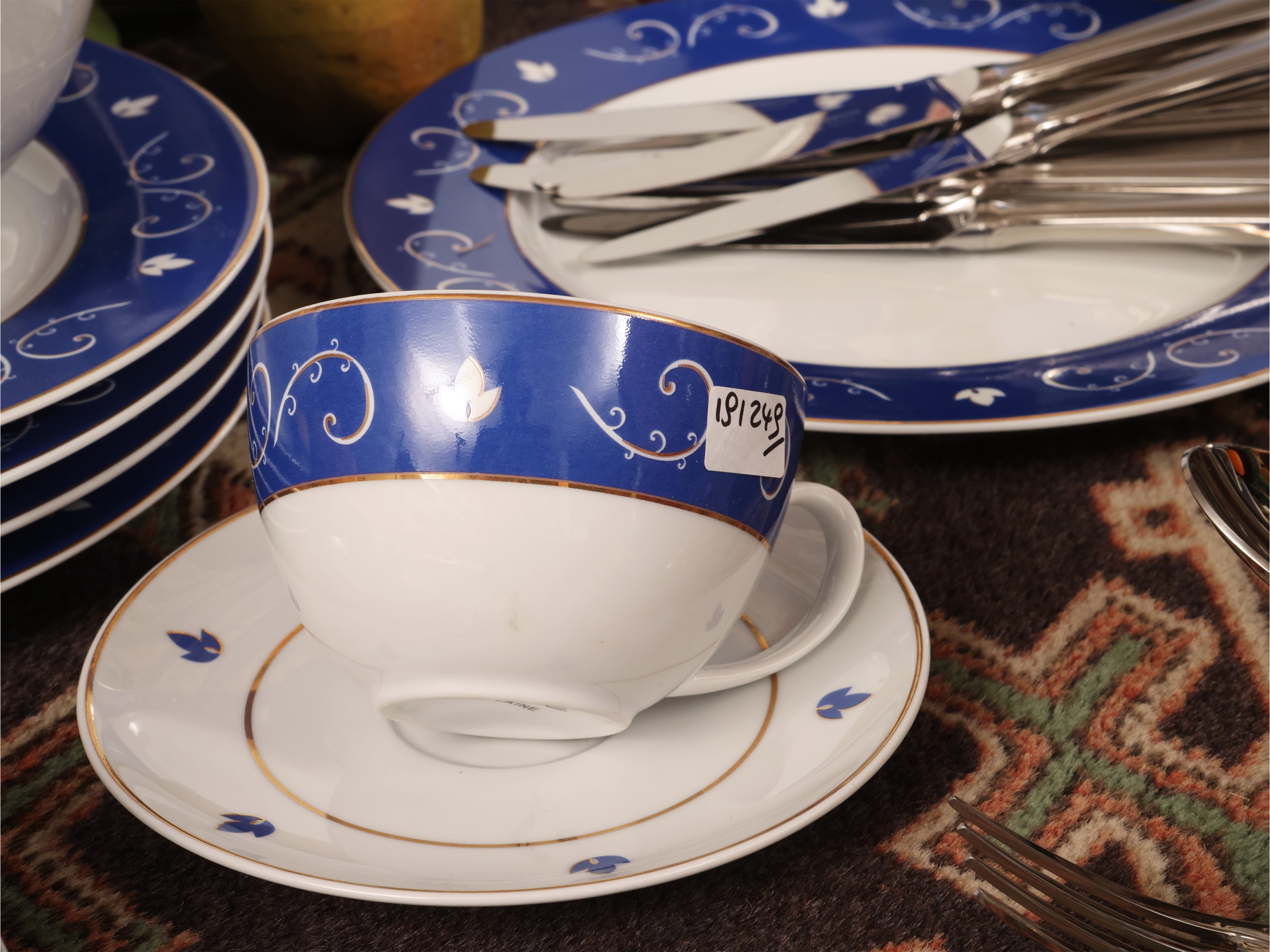 Set da brunch, porcellana Guy Degrenne blu con zuppiera e coltelli