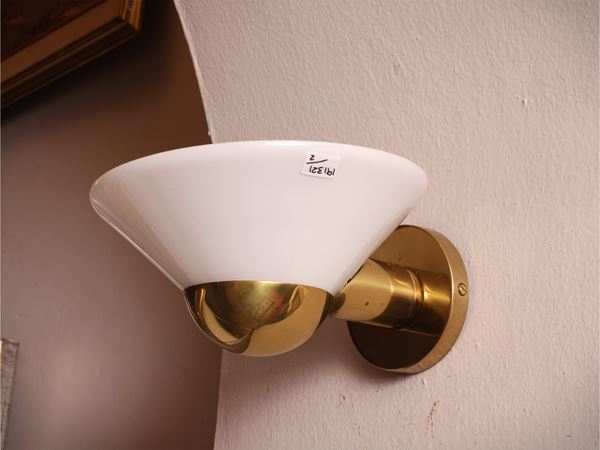 Pair of brass and milk glass wall lights