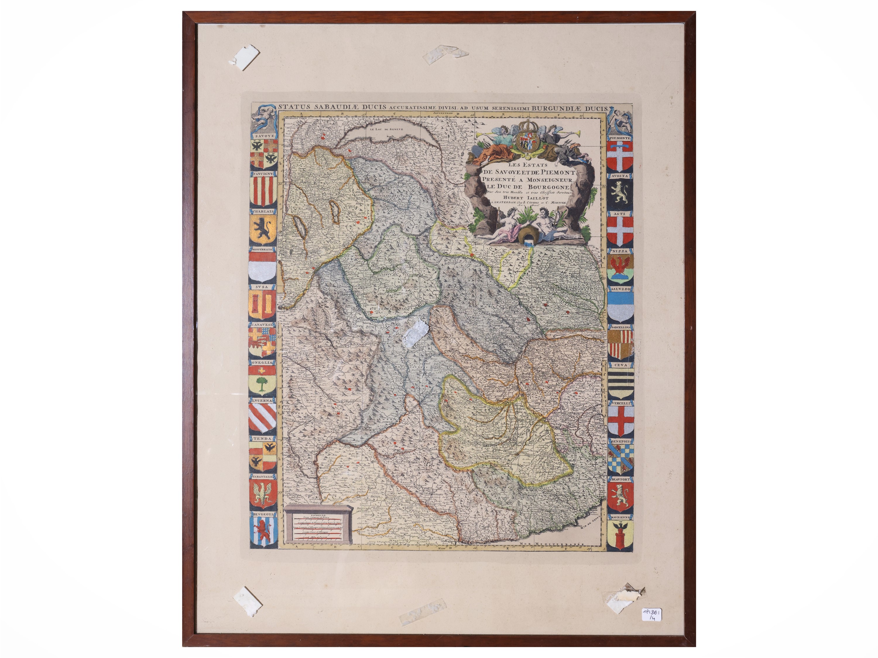Riproduzioni di incisioni decorative e mappa del Piemonte, in cornice